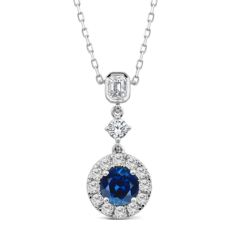 Blue Sapphire and Diamond Halo Pendant in 10K White Gold &#40;1 ct. tw.&#41; – Image 1 of 3