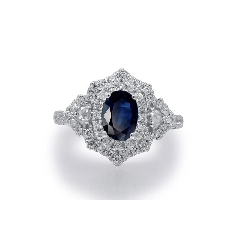 Blue Sapphire and Diamond Ornate Ring in 14K White Gold &#40;7/8 ct. tw.&#41; – Image 1 of 5