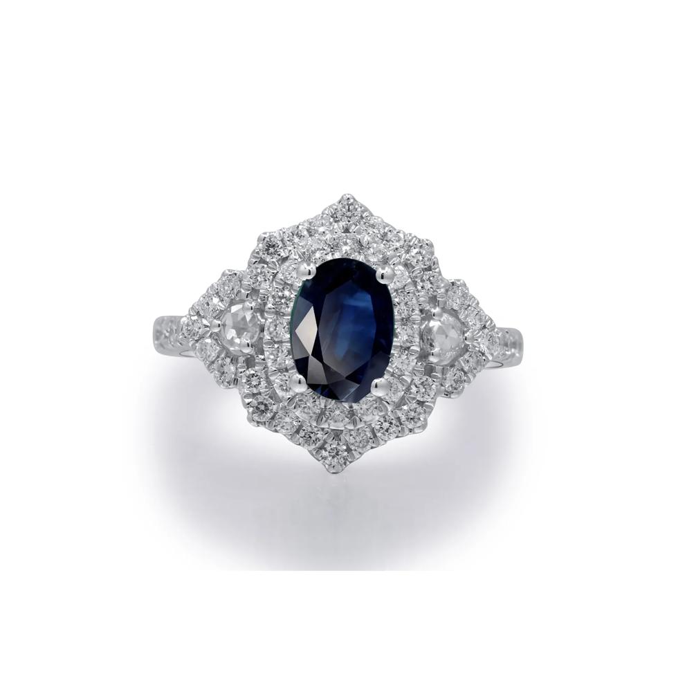 Blue Sapphire and Diamond Ornate Ring in 14K White Gold (7/8 ct. tw.) – Image 1 of 5
