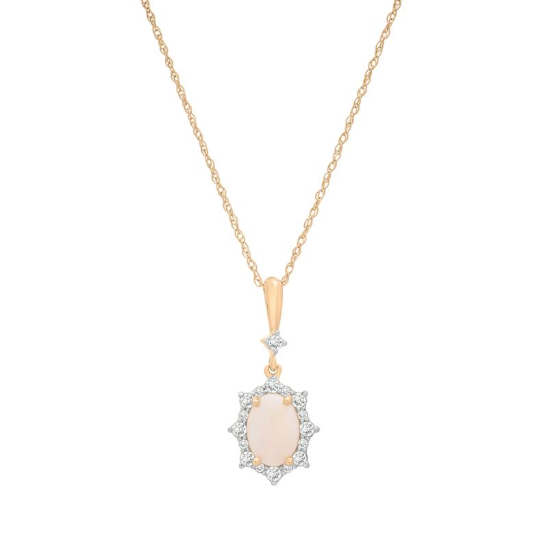 Australian Opal and Diamond Accent Halo Drop Pendant in 10K Yellow Gold – Image 1 of 4