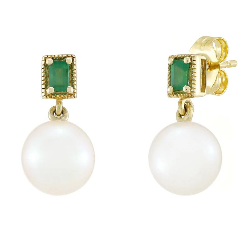 Freshwater Cultured Pearl and Emerald Earrings in 10K Yellow Gold – Image 1 of 1