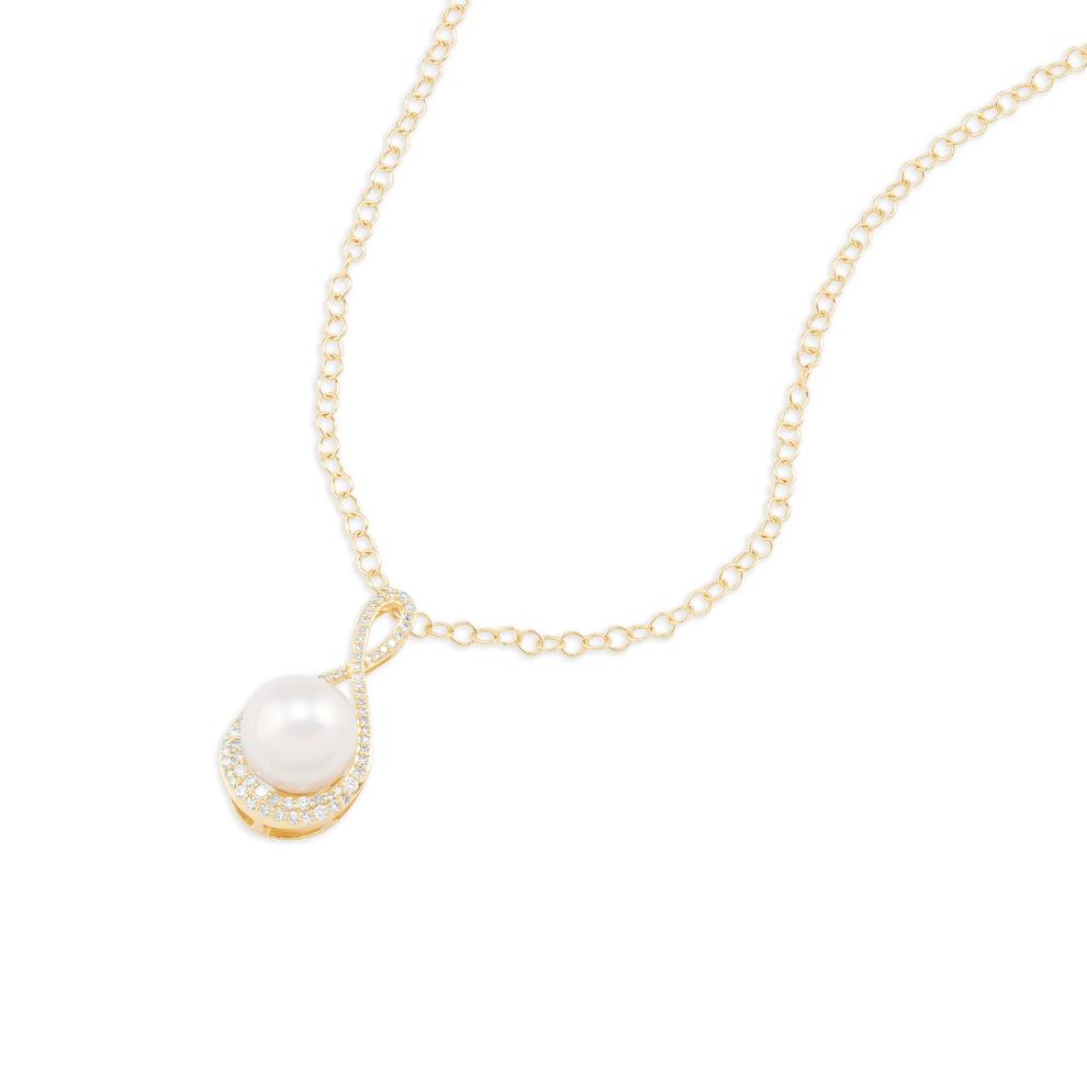 Freshwater Cultured Pearl &amp; Diamond Drop Pendant Necklace in 14K Yellow Gold (1/3 ct. tw.) – Image 3 of 4