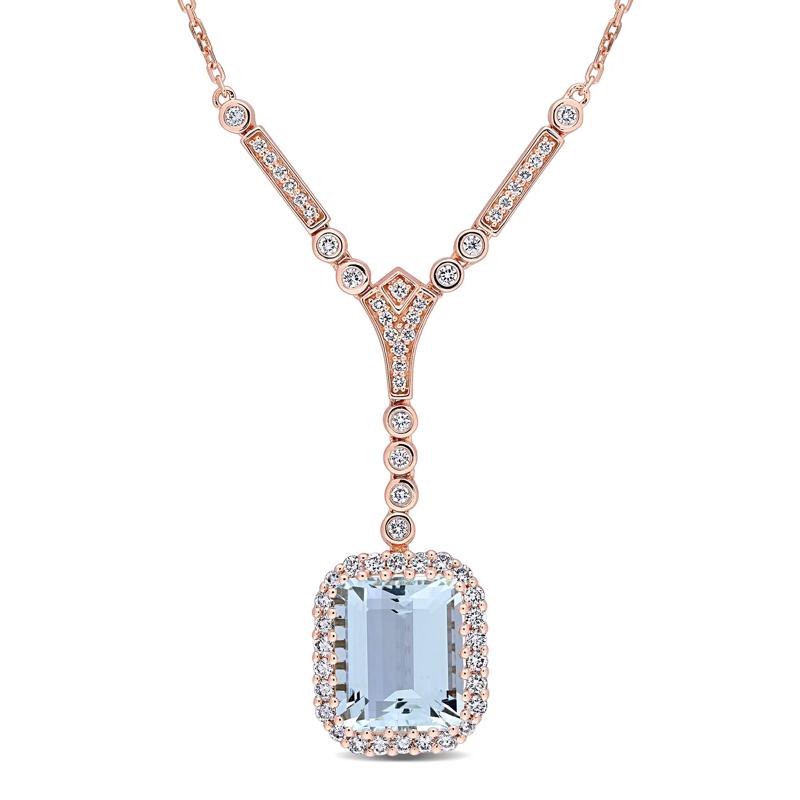 Aquamarine and Diamond Halo Drop Necklace in 14K Rose Gold &#40;5/8 ct. tw.&#41; – Image 1 of 5