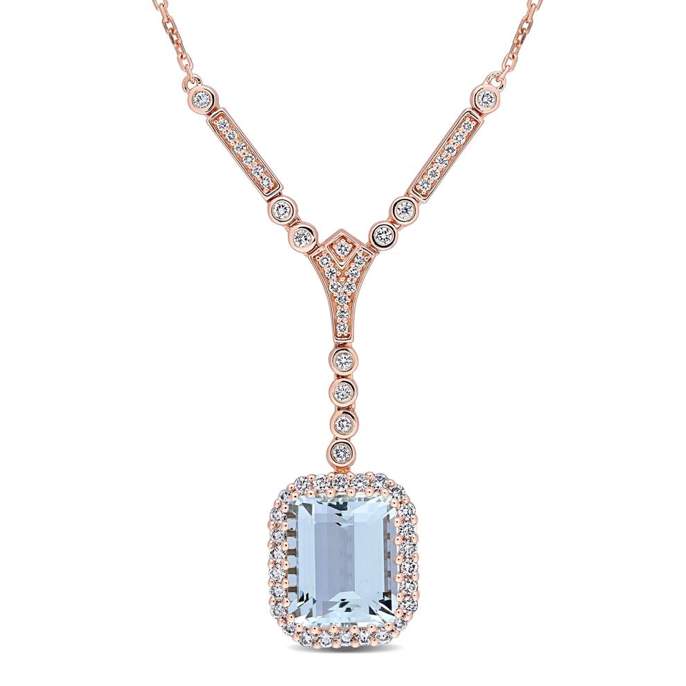 Aquamarine and Diamond Halo Drop Necklace in 14K Rose Gold (5/8 ct. tw.) – Image 1 of 5