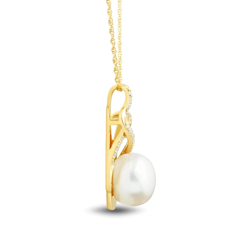 Button Freshwater Cultured Pearl and Diamond Pendant in 10K Yellow Gold &#40;1/10 ct. tw.&#41; – Image 2 of 3