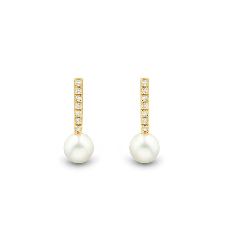 Freshwater Cultured Pearl and Diamond Drop Earrings in 10K Yellow Gold &#40;1/10 ct. tw.&#41; – Image 2 of 2