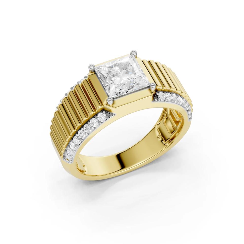 Men's Lab Grown Diamond Princess-Cut &amp; Round Ribbed Band in 10K Yellow Gold (2 1/3 ct. tw.) – Image 2 of 4