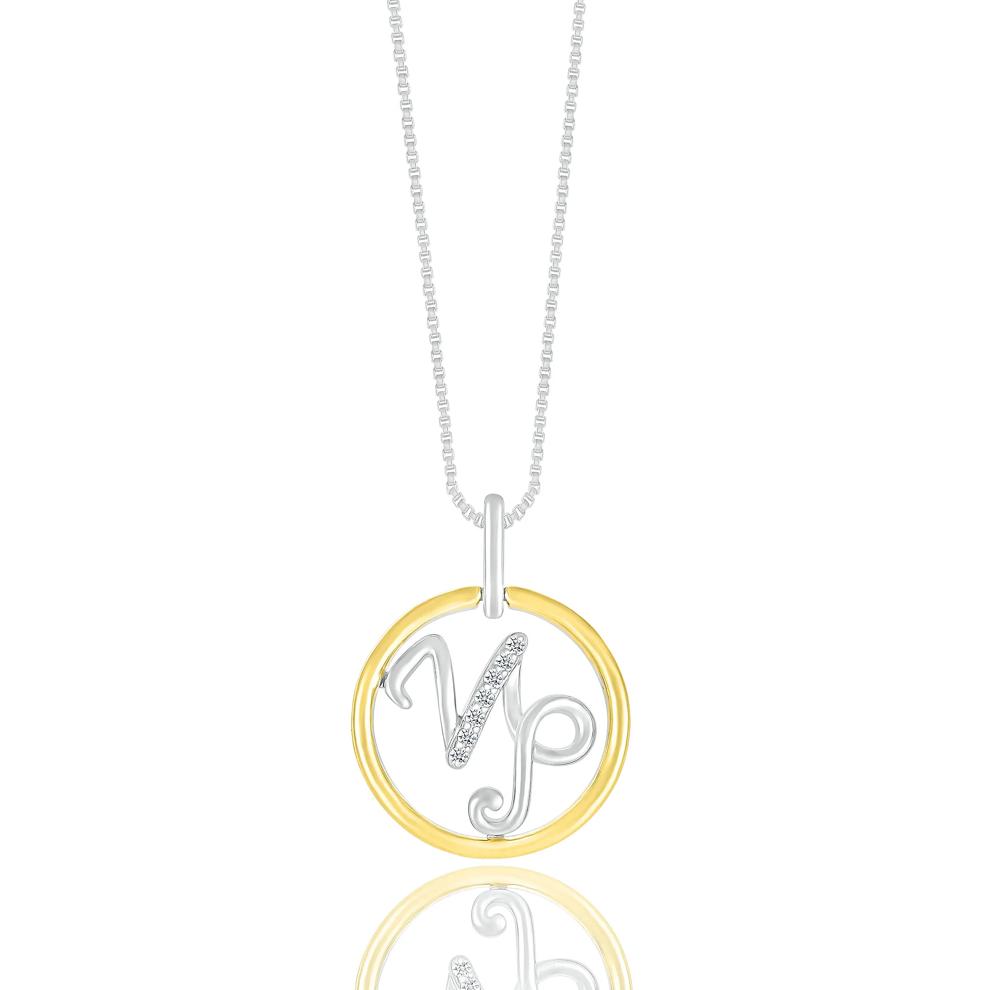 Diamond Accent Capricorn Disc Pendant in Sterling Silver and 10K Yellow Gold  – Image 1 of 3