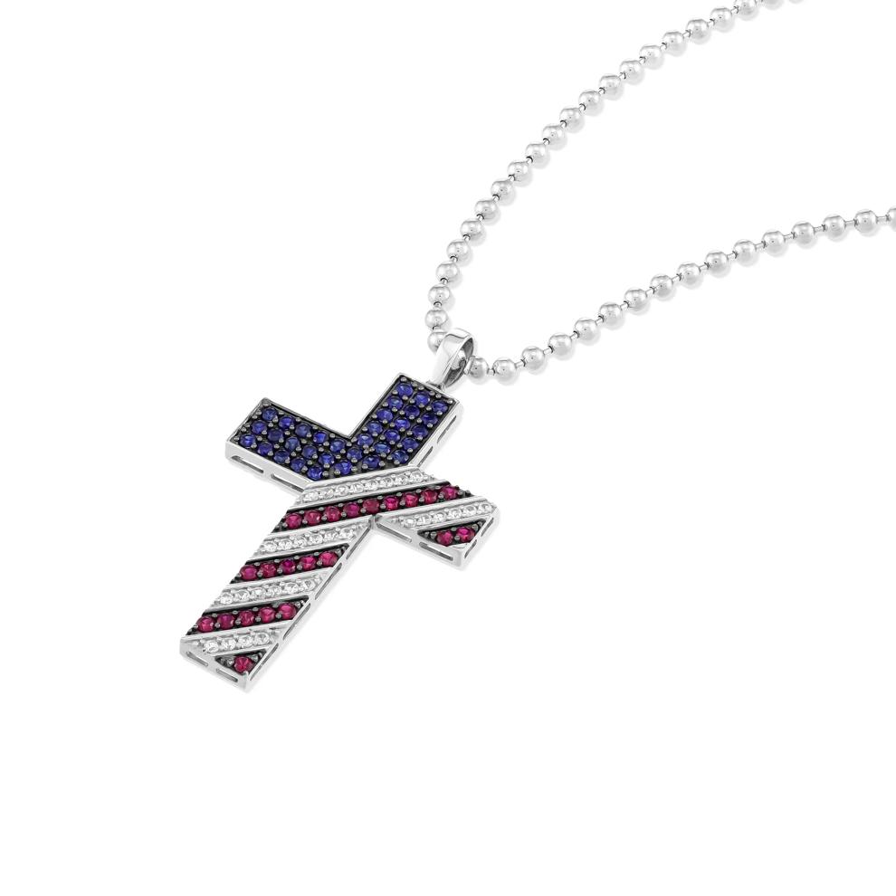 Lab-Created Sapphire, Lab-Created Ruby, &amp; Lab-Created White Sapphire American Flag Cross Pendant Necklace in Sterling Silver – Image 4 of 4