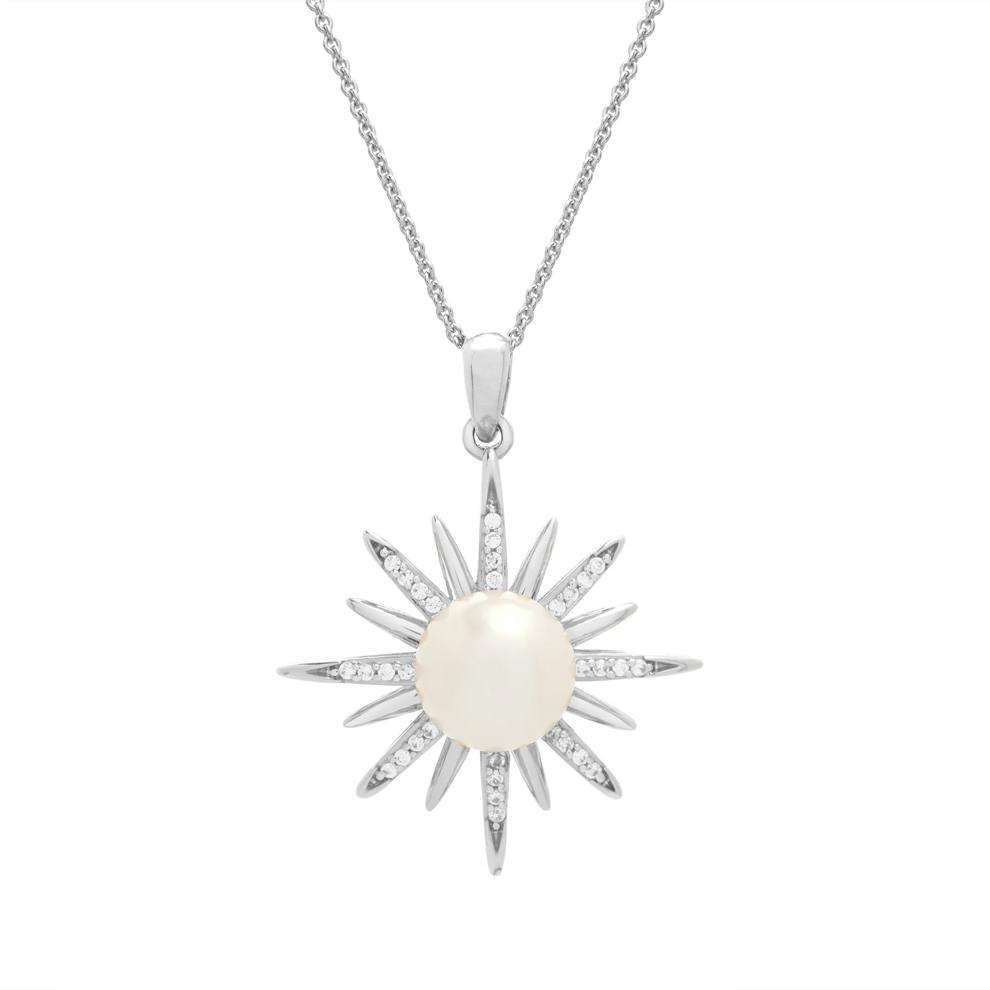 Freshwater Cultured Pearl &amp; Diamond Starburst Drop Pendant Necklace in Sterling Silver (1/10 ct. tw.) – Image 1 of 4
