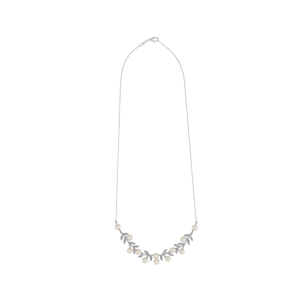 Freshwater Cultured Pearl &amp; Diamond Accent Leafy Necklace in Sterling Silver – Image 3 of 4