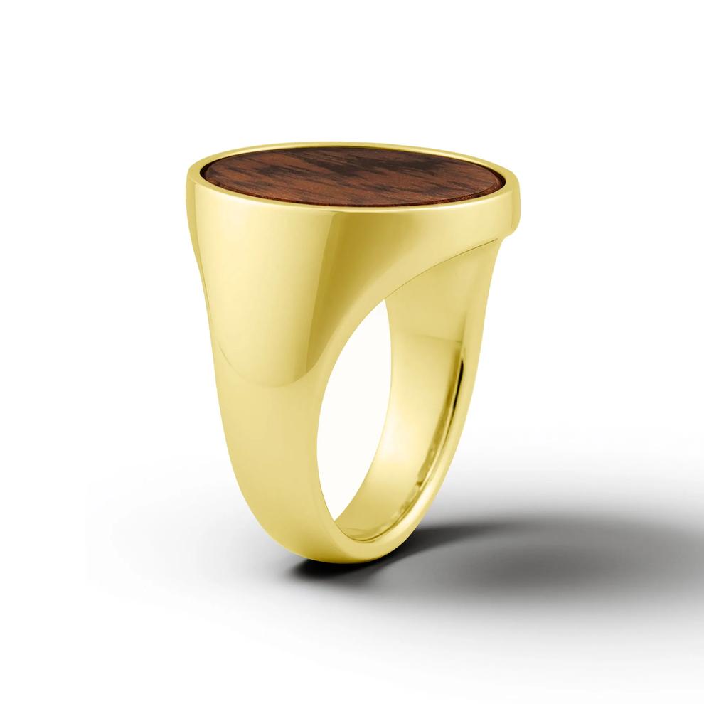Men's Desert Iron Wood Inlay Signet Ring in 10K Yellow Gold – Image 3 of 4
