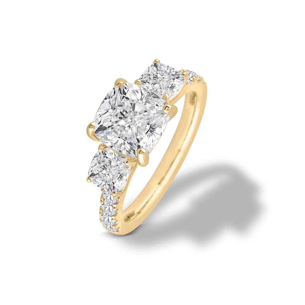 Lab Grown Diamond Cushion Center Three-Stone Engagement Ring in 14K Yellow Gold (4 ct. tw.) – Image 4 of 4