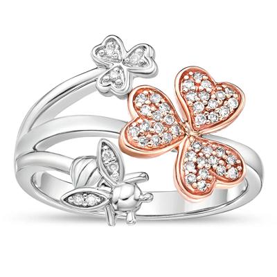 Diamond Clover and Bee Ring in Sterling Silver & 10K Rose Gold (1/7 ct. tw.)