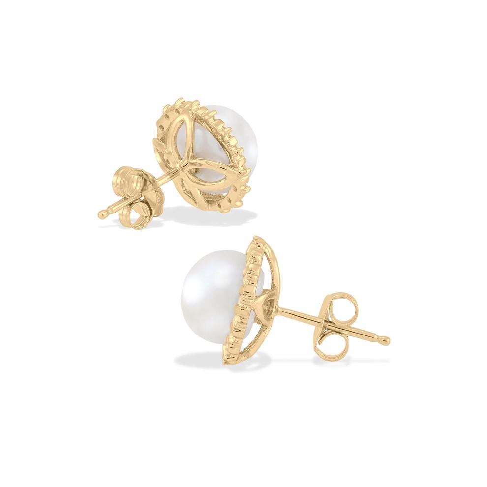 Freshwater Cultured Pearl &amp; Diamond Stud Earrings in 10K Yellow Gold (1/7 ct. tw.) – Image 2 of 2