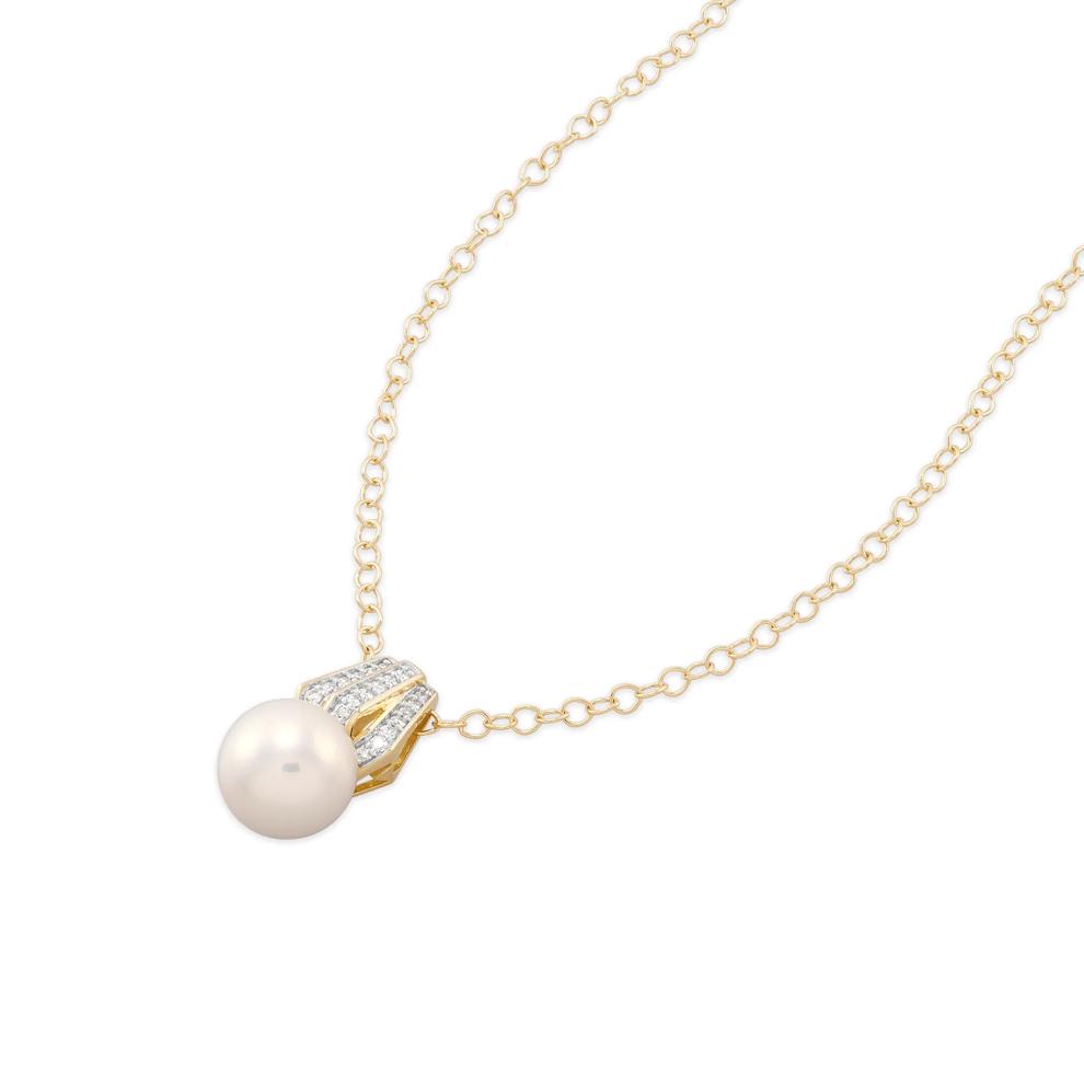 Freshwater Cultured Pearl &amp; Diamond Drop Pendant Necklace in 14K Yellow Gold (1/5 ct. tw.) – Image 3 of 4