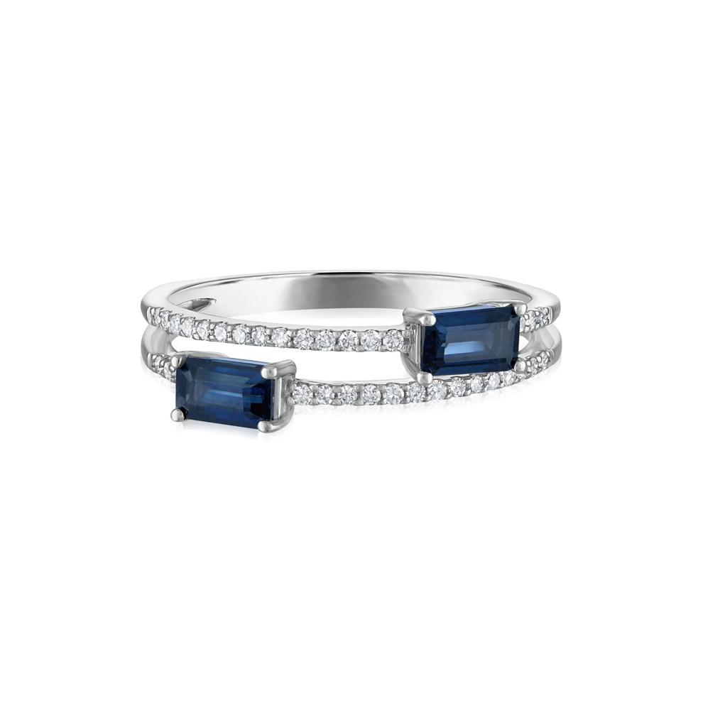 Diamond and Blue Sapphire Double Row Band in 14K White Gold (1/10 ct. tw.) – Image 1 of 3