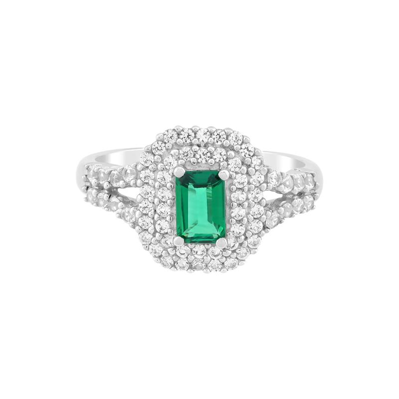 Lab-Created Emerald and Lab-Created White Sapphire Halo Ring in Sterling Silver – Image 1 of 3