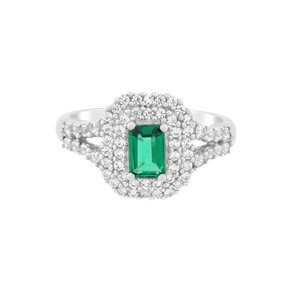 Lab-Created Emerald and Lab-Created White Sapphire Halo Ring in Sterling Silver – Image 1 of 3