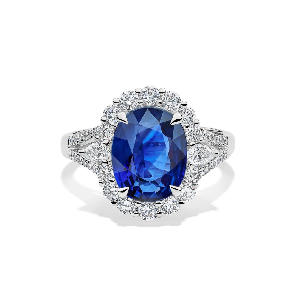 Oval Blue Sapphire &amp; Diamond Halo Band in 18K White Gold (7/8 ct. tw.) – Image 1 of 2