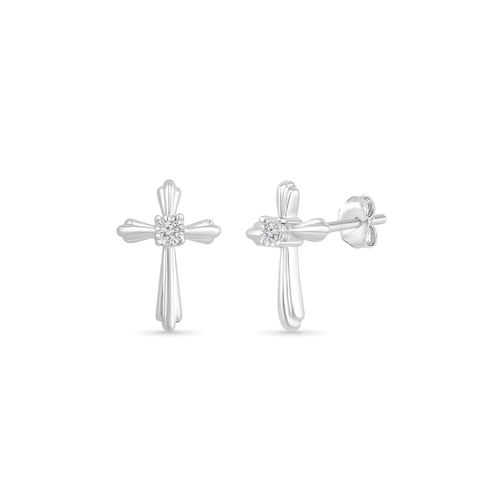 Cross Stud Earrings with Diamond Accents in Sterling Silver – Image 3 of 3