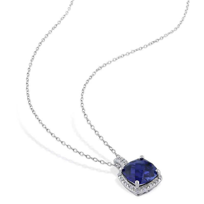 Lab Created Blue Sapphire &amp; Diamond Pendant in Sterling Silver – Image 2 of 3