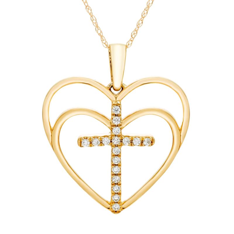 Diamond Heart Cross Pendant in 10K Yellow Gold &#40;1/10 ct. tw.&#41; – Image 1 of 3