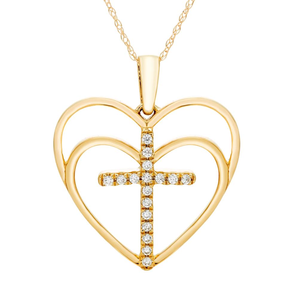Diamond Heart Cross Pendant in 10K Yellow Gold (1/10 ct. tw.) – Image 1 of 3