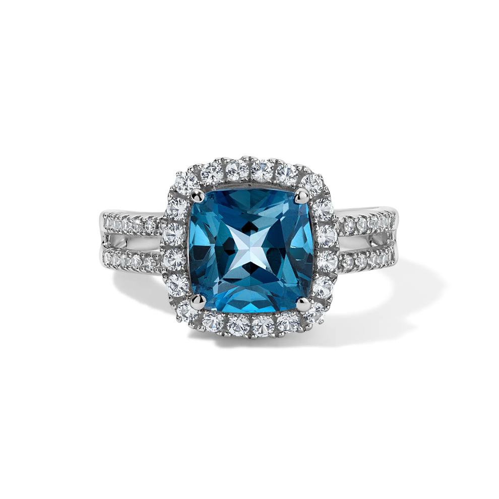 London Blue Topaz &amp; Lab-Created White Sapphire Halo Ring in 10K White Gold – Image 1 of 4