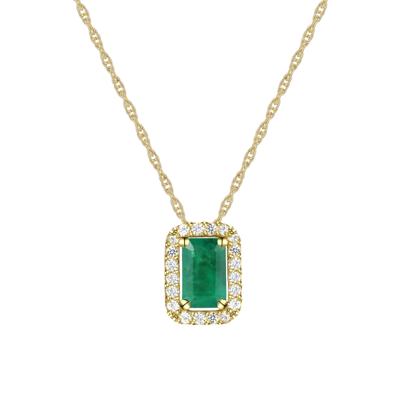 Emerald & Diamond Halo Pendant Necklace in 10K Yellow Gold (1/8 ct. tw.)