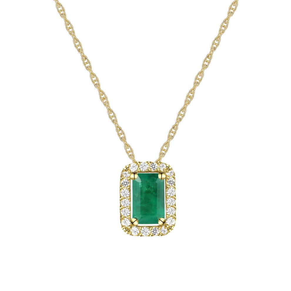 Emerald &amp; Diamond Halo Pendant Necklace in 10K Yellow Gold (1/8 ct. tw.) – Image 1 of 3