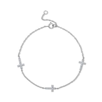 Lab-Created White Sapphire Three Pavé Cross Mini Paperclip Chain Bracelet in Sterling Silver, 7.5"