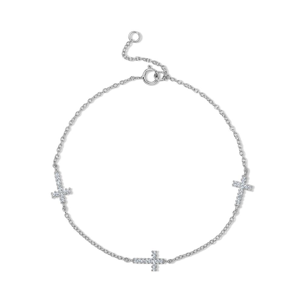 Lab-Created White Sapphire Three Pav&eacute; Cross Mini Paperclip Chain Bracelet in Sterling Silver, 7.5" – Image 1 of 2