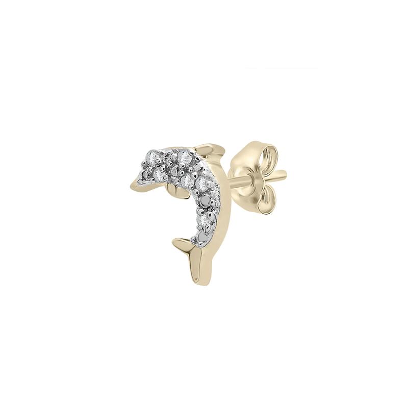 Diamond Dolphin Single Stud Earring in 10K Yellow Gold – Image 2 of 2