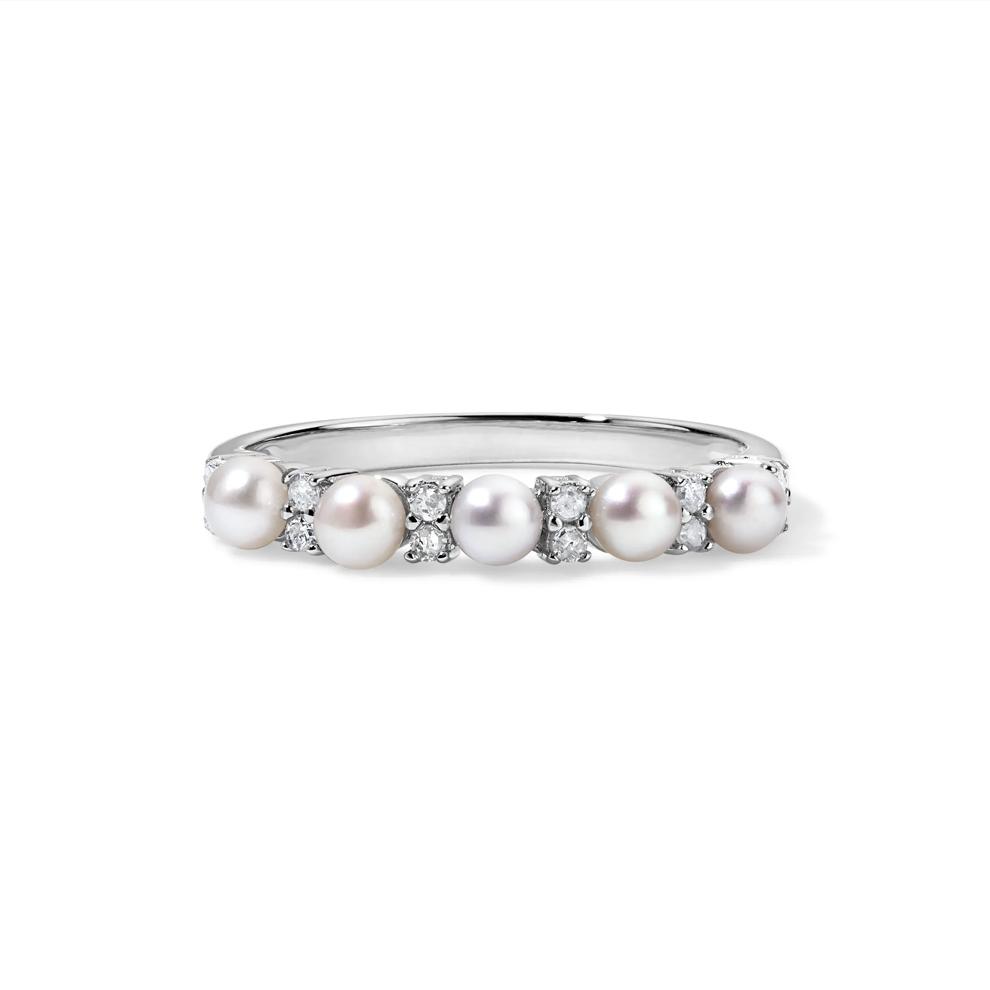 Freshwater Cultured Pearl &amp; Diamond Band in Sterling Silver (1/8 ct. tw.) – Image 1 of 4