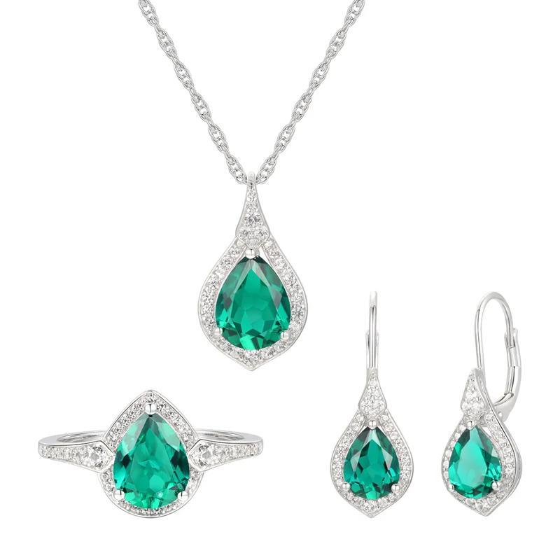 Pear-Shaped Lab Created Emerald Earring, Pendant &amp; Ring Set in Sterling Silver – Image 1 of 9