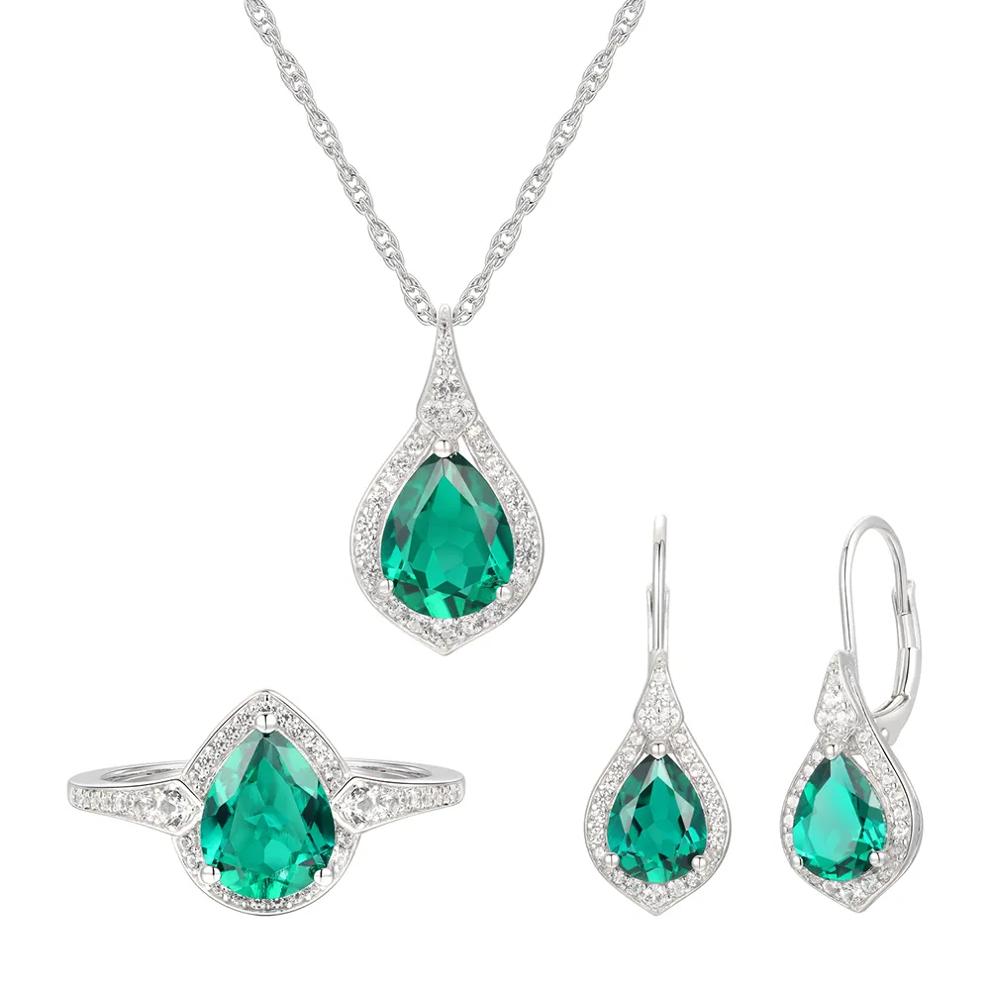 Pear-Shaped Lab Created Emerald Earring, Pendant &amp; Ring Set in Sterling Silver – Image 1 of 9