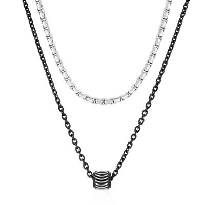 Men's Black and White Duo Bead Necklace in Stainless Steel