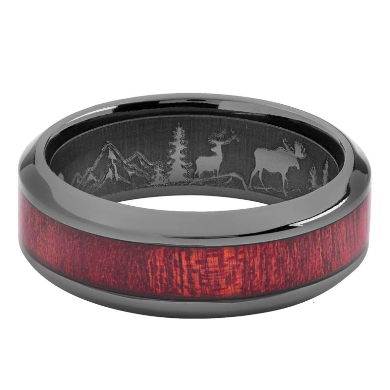 Men&#39;s Bloodwood Inlay Band with Engraved Woodland Interior in Zirconium, 8MM – Image 1 of 3