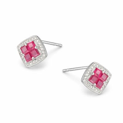 Ruby & Diamond Accent Halo Stud Earrings in Sterling Silver