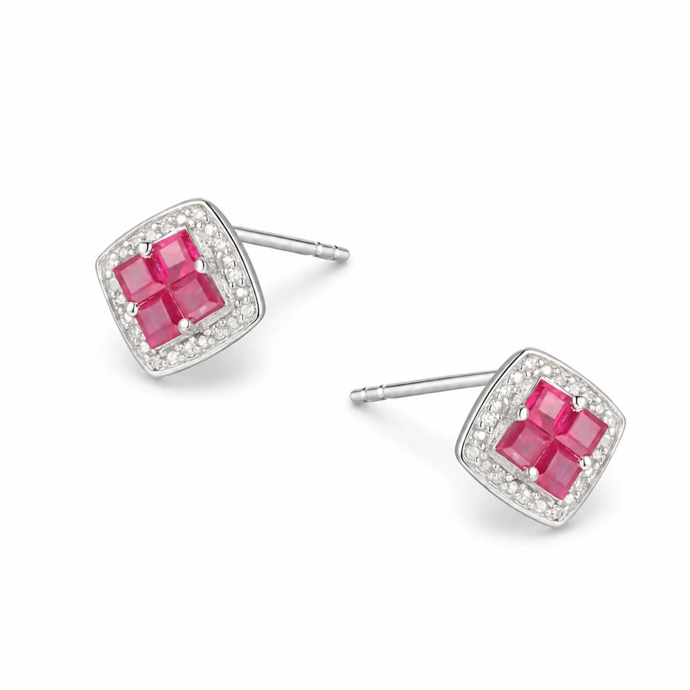 Ruby &amp; Diamond Accent Halo Stud Earrings in Sterling Silver – Image 1 of 2