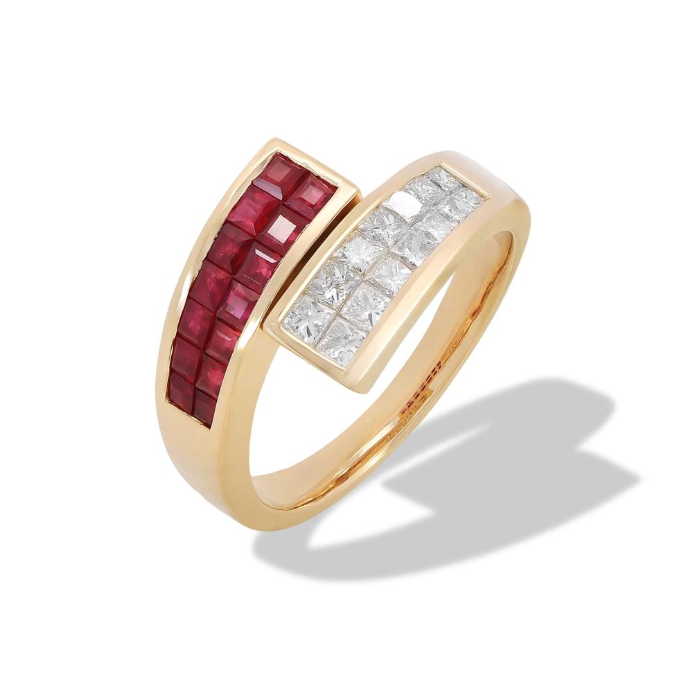 Ruby &amp; Diamond Bypass Thick-Band Ring in 14K Yellow Gold (1/2 ct. tw.) – Image 4 of 4