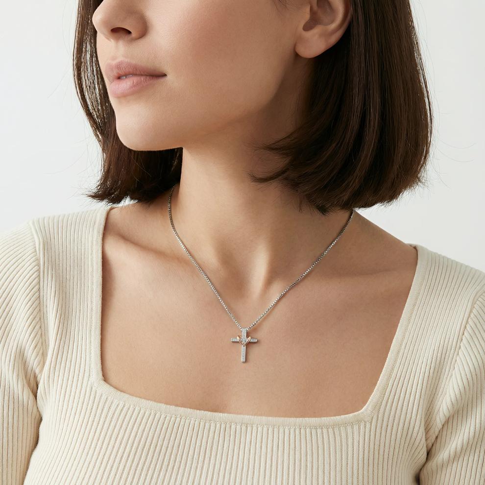 1/7 ct. tw. Diamond Cross Pendant in Sterling Silver &amp; 14K Rose Gold – Image 5 of 5