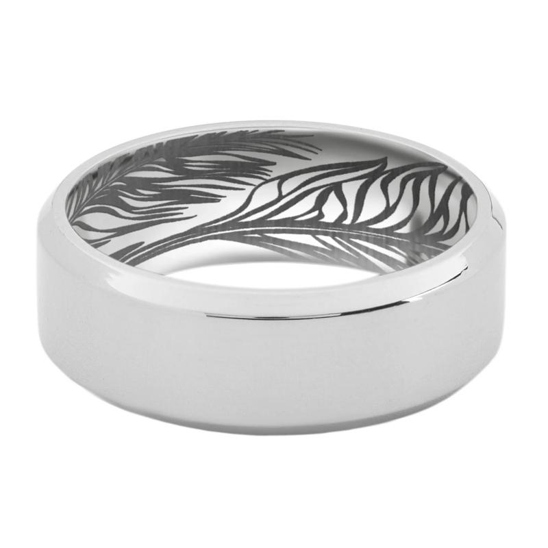 Men&#39;s High Bevel Band with Interior Feather Engraving in Titanium, 8MM – Image 1 of 3