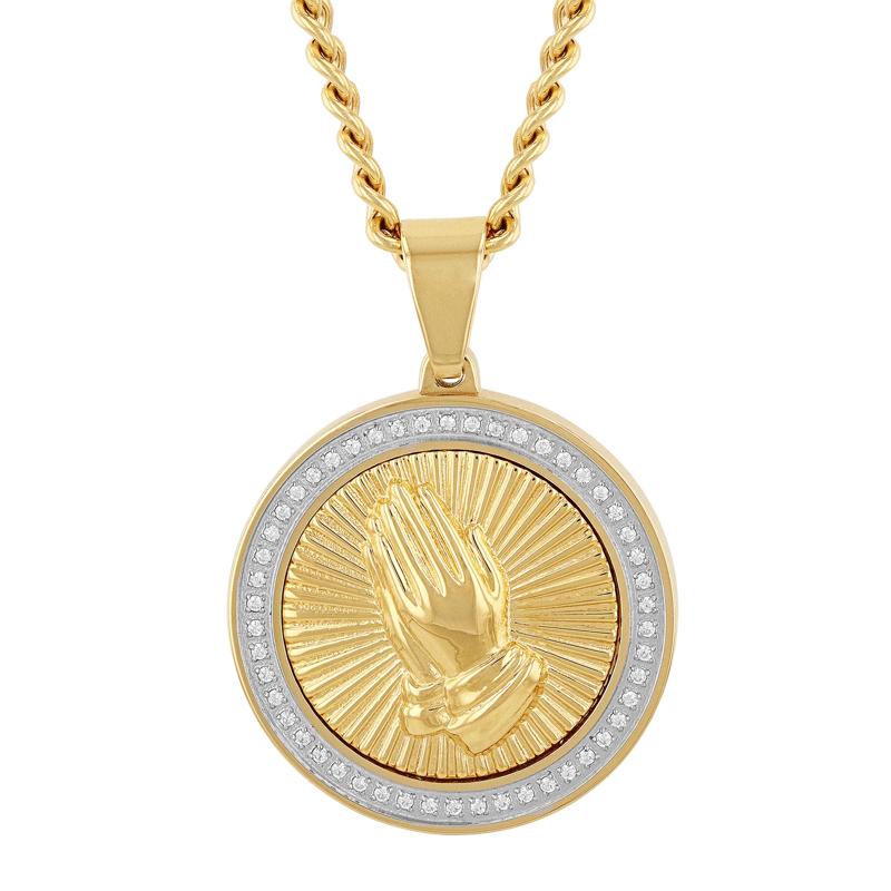 Praying Hands Medallion in Yellow Gold-Tone Ion-Plated Stainless Steel &#40;1/4 ct. tw.&#41; – Image 1 of 4