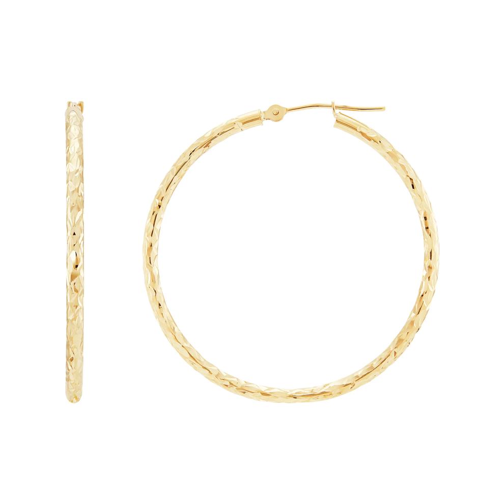 Polished Diamond-Cut Round Tube Hoop Earrings in 10K Yellow Gold, 35MM – Image 3 of 3
