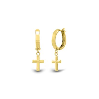 Huggie Hoop Earrings with Cross Dangle in 14K Yellow Gold