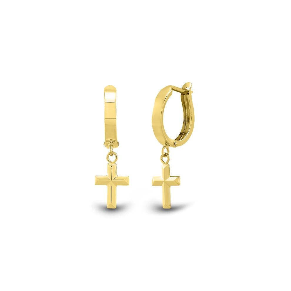 Huggie Hoop Earrings with Cross Dangle in 14K Yellow Gold – Image 1 of 1