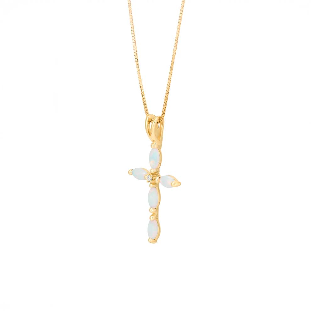 Lab-Created Marquise Opal Cross Pendant in 10K Yellow Gold – Image 2 of 3