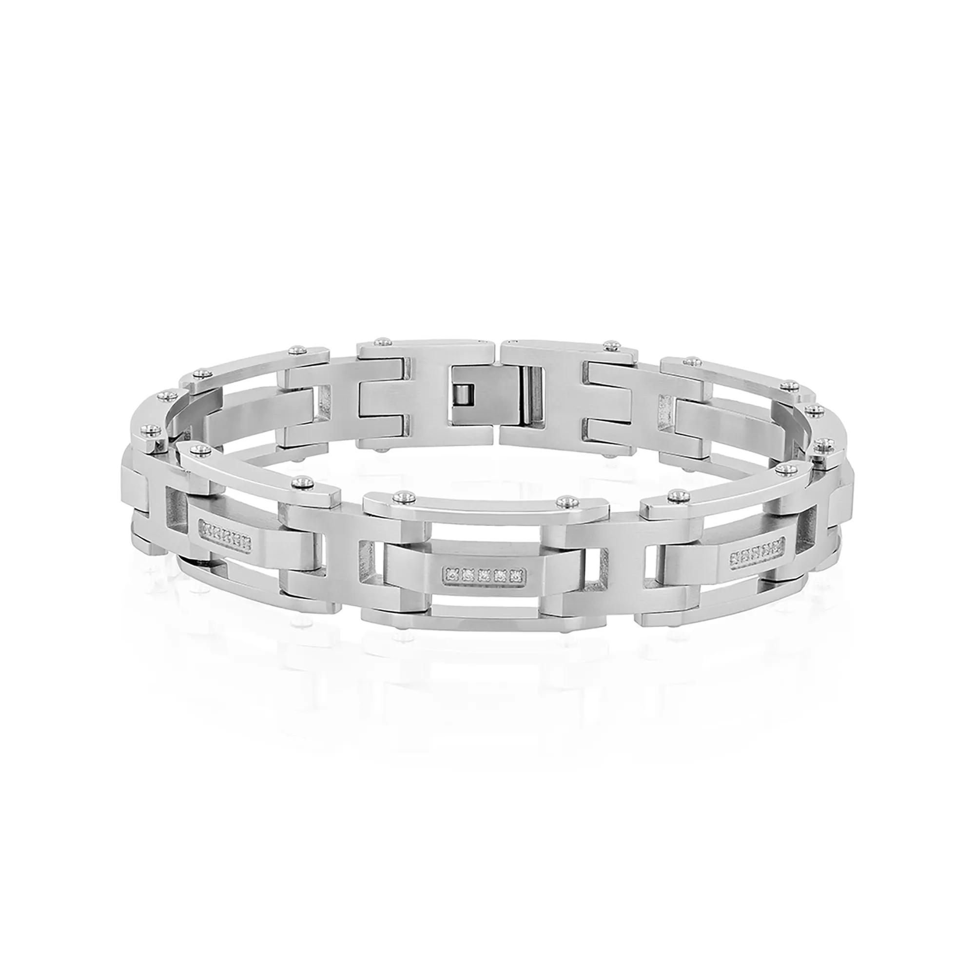 Men's Stainless Steel Diamond Bracelet – Brick Link Design, 8 Inch, Fold-Over Clasp, 0.10 Ctw